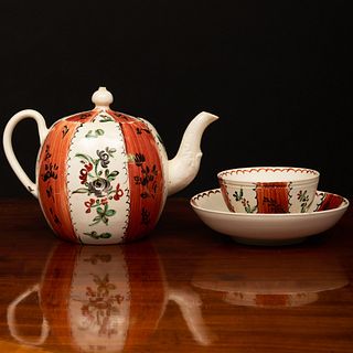 English Enameled Creamware Teapot and Cover, Teabowl and Saucer