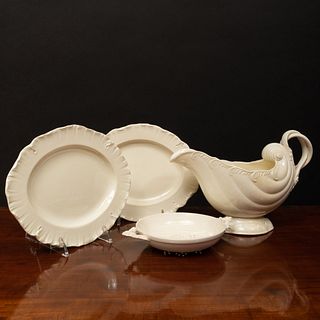 Pair of Wedgwood 'Queen's Ware' Oval Sauce Tureen Stands, a Leeds Sauce Boat and a Strainer