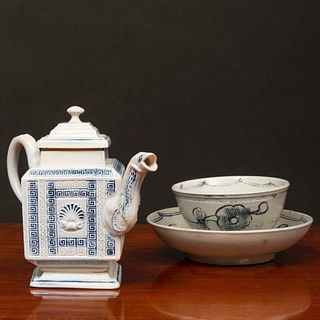 Staffordshire White Salt Glazed Earthenware 'Scratch Blue' Teabowl and Saucer and a Square Teapot and Cover