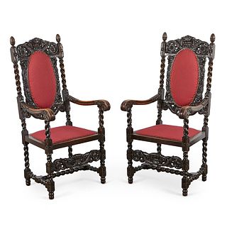 Pair of English Carolean Revival Armchairs