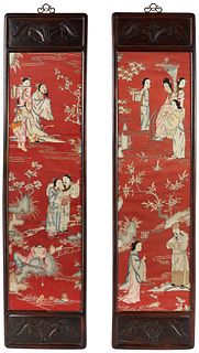 Pair of Chinese Red Silk Framed Panels