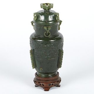 Chinese Spinach Jade Urn w/ Stand