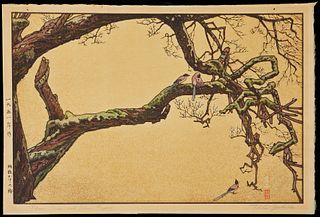 Toshi Yoshida Woodblock Print "Plum Tree with Magpie"