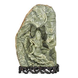 LARGE JADE MOUNTAIN WITH SEATED GUANYIN