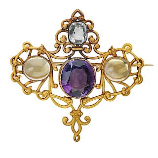 ART NOUVEAU JEWELED 18K BROOCH STYLE OF MARCUS