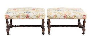 A Pair of William and Mary Style Walnut Benches Height 29 x width 17 x depth 16 inches.