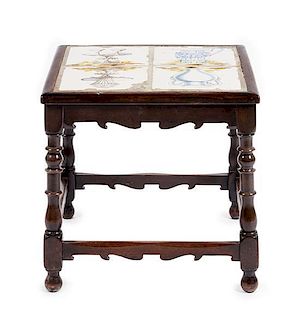 A William and Mary Style Tile Inset Side Table Height 18 3/4 x width 19 x depth 19 1/4 inches.
