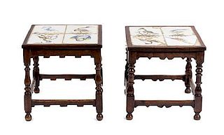 A Pair of William and Mary Style Tile Inset Side Tables Height 19 1/2 x width 18 3/4 x depth 18 3/4 inches.