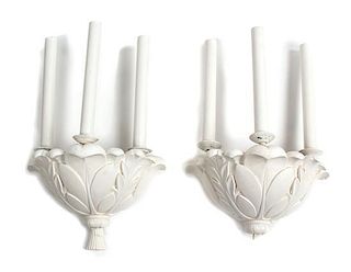 Two Pairs of White Painted Three-Light Wall Lights Height overall 22 1/2 inches.