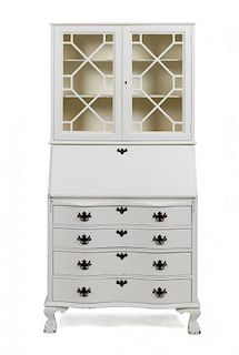 A White Painted Secretary Bookcase Height 69 1/2 x width 34 x depth 17 inches.