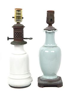 Two Small Ceramic Table Lamps Height of larger 13 1/2 inches (overall).