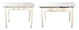 Two White Painted Metal Clad Kitchen Tables Height of larger 31 1/2 inches x width 48 inches x depth 27 inches.