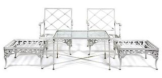 A Suite of White Painted Aluminum Garden Furniture Height of chair 33 x width 25 x depth 27 inches.