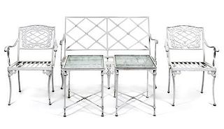 A Suite of White Painted Aluminum Garden Furniture Height of settee 33 x width 49 x depth 27 inches.