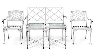 A Suite of White Painted Aluminum Garden Furniture Height of settee 33 x width 49 x depth 27 inches.