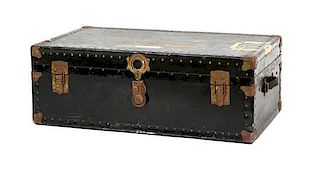 A Black Metal Steamer Trunk Height 12 1/2 inches x width 36 inches x depth 21 7/8 inches.