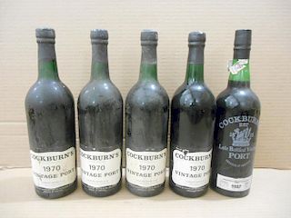 Cockburn's Vintage Port 1970, four bottles (levels base of neck); and a 1987 LBV (5) <br>