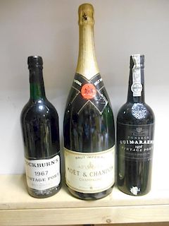 Cockburn's Vintage Port 1967, one bottle; Fonseca Guimaraens 1978, one bottle; and a magnum of Moet