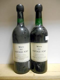 Warre's Vintage Port 1963, two bottles bottled by Grants of St James's, levels base of neck and into