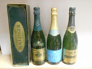 Bollinger Tradition 1973, one bottle, boxed (shipped for the Royal Wedding 1981); two other champagn