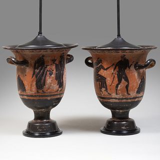 Pair of Greek Black Figural Pottery Two-Handled Vases, Mounted as Lamps