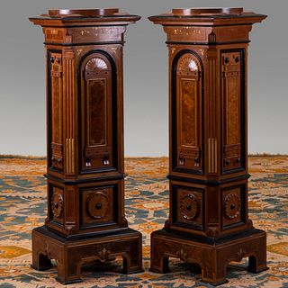 Pair of Renaissance Revival Walnut, Burlwood, Ebonized and Parcel-Gilt Pedestals, Attributed to Herter Brothers