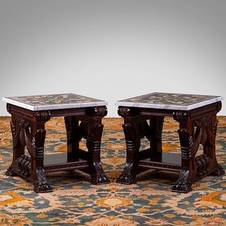 Pair of Renaissance Revival Style Mahogany and Specimen Marble Side Tables, of Recent Manufacture