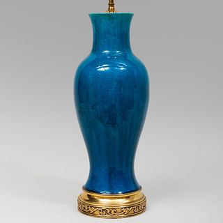 Chinese Blue Glazed Porcelain Vase Mounted as a Lamp