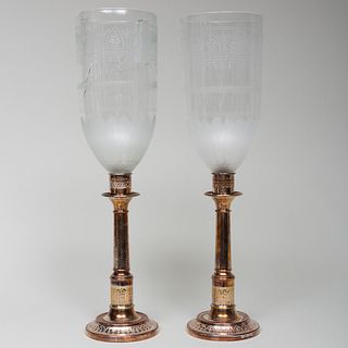 Pair of Silver Plate and Etched Glass Photophores