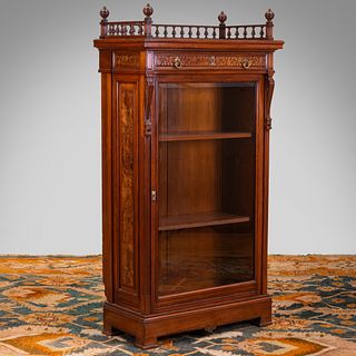 Aesthetic Movement Walnut, Burlwood and Various Woods Marquetry Glass-Front Bookcase