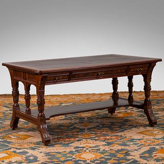 Aesthetic Movement Mahogany and Various Woods Marquetry Library Table, Attributed to Pottier & Stymus