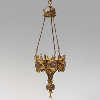 Victorian Neo-Gothic Brass and Enamel Three-Light Lantern