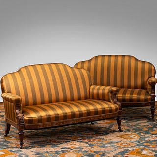 Pair of Renaissance Revival Rosewood and Various Woods Marquetry and Parcel-Gilt Settees, Attributed to Herter Brothers