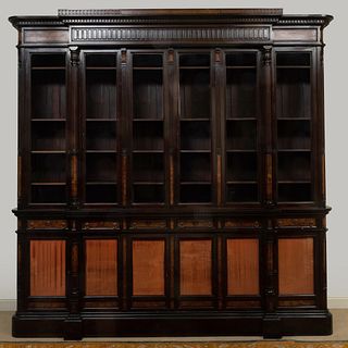 Large Aesthetic Movement Walnut, Burlwood and Ebonized Breakfront Bookcase Cabinet