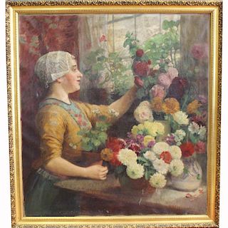 Signed 19th C. French Woman w/ Flowers