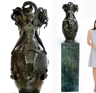 A Large Art Nouveau Patina-ted Cast Bronze Figural Vase