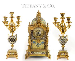 French Tiffany & Co Bronze & Champleve Enamel Clock Set