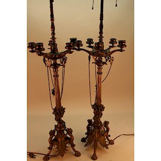 19th C. Pair of footed French 5 Arm Lamps