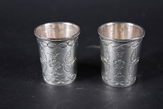 Two Etched Sterling Silver Jiggers