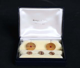 Red Stone and 14K Gold Cuff Links and Stud Set