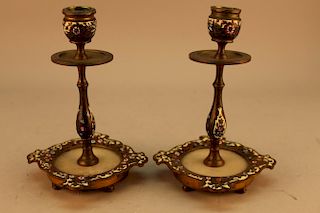 Pair of French Champleve Bronze Candlesticks