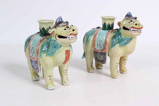 Pair of Chinese Porcelain Lion Form Candlesticks