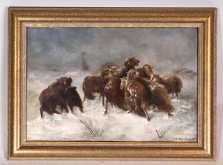 L.S. Marsden, Sheep in a Snowstorm, Oil on Canvas