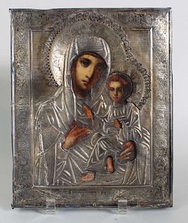 Metal Mounted Russian Icon of Mother and Child