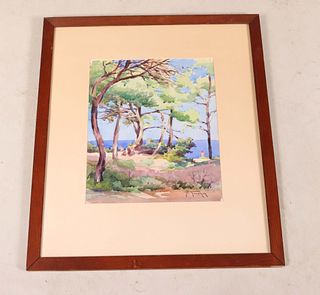 H. Guignon, Watercolor, Tree Lined Coastline