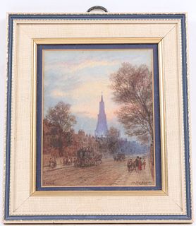 J.H. Leonard, Watercolor, Clapham Street Scene