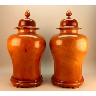 Pair of Large 20th C. Bolivian Wooden Urns