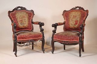 Pair of Victorian Carved Walnut Parlor Chairs