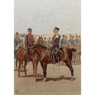 French 19th C. Etching of Infantrymen on Horse