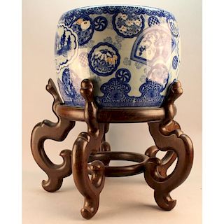 20th C. Chinese Blue/White Planter on Stand